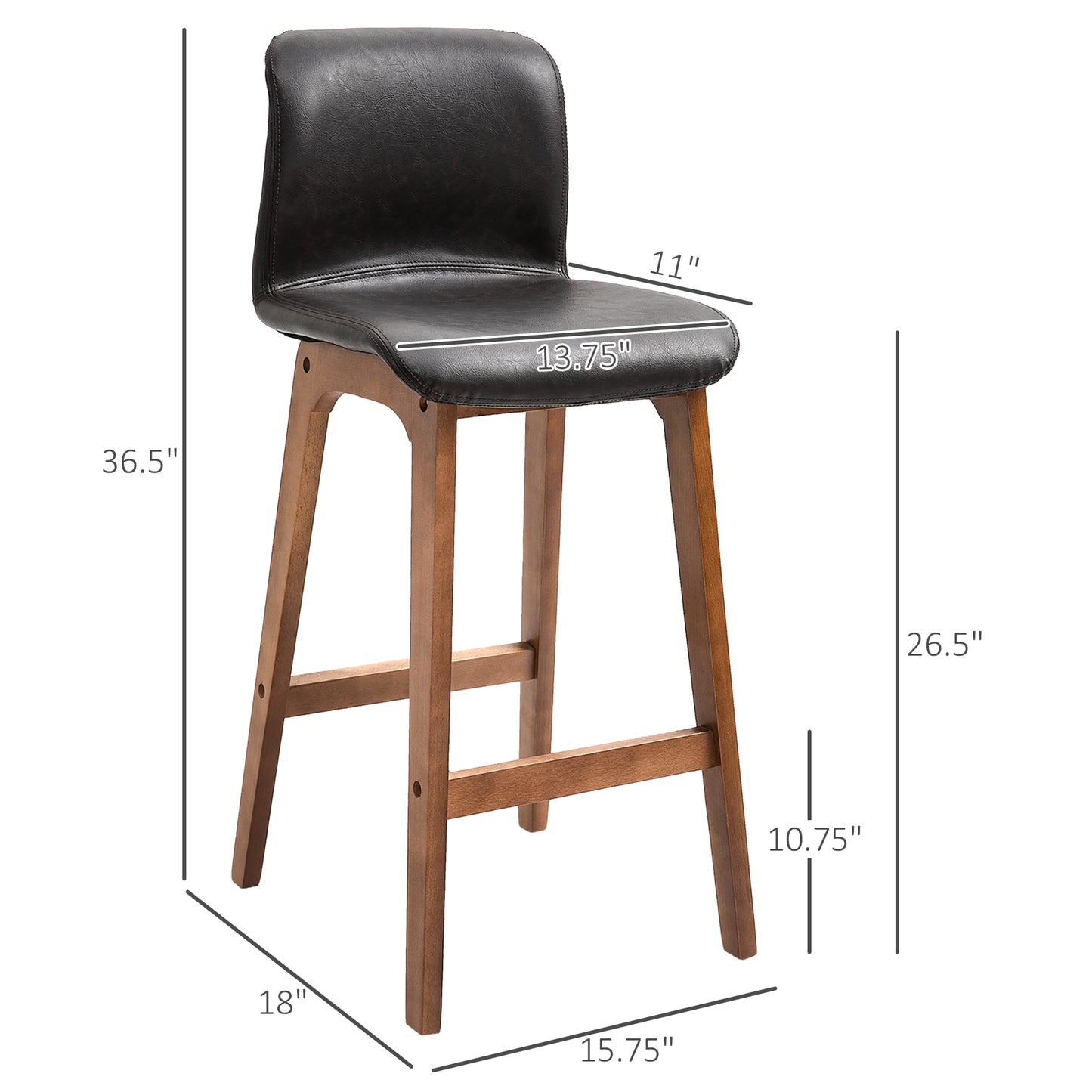 Modern Bar Stools Set of 2, Counter Height Bar Chair with PU Leather Wooden Frame Padding Seats for Dining Room Home Bar Brown