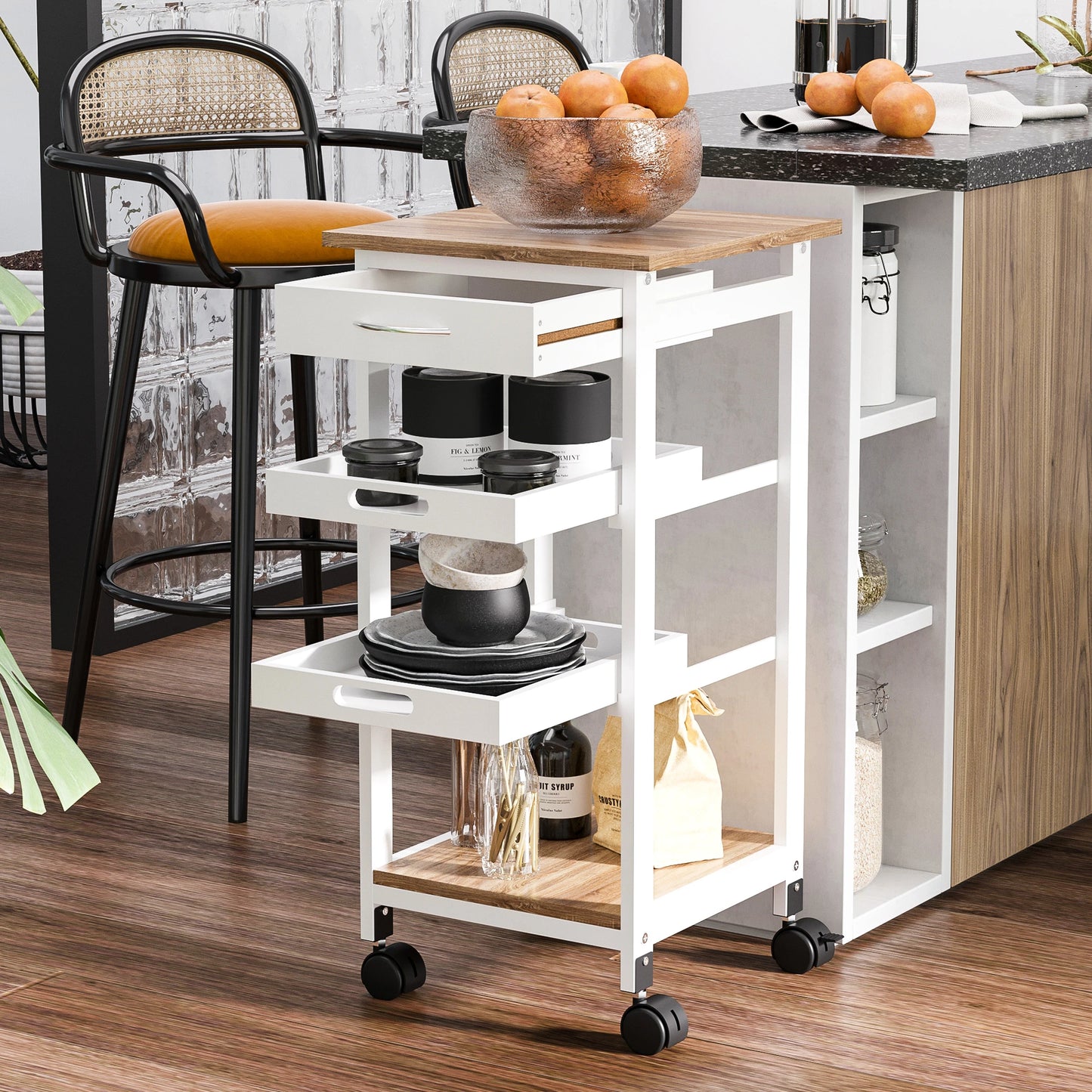4-Tier Kitchen Cart Serving Trolley with Drawer, Pull Out Trays, Rolling Wheels for Dining Living Room, White