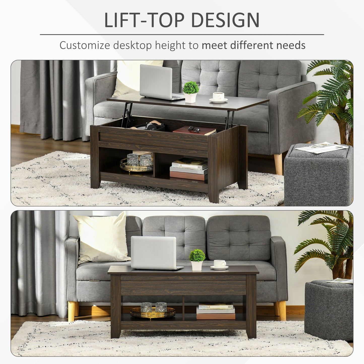 Lift Top Coffee Table with Hidden Storage Compartment and Open Shelves, Lift Tabletop Pop-Up Center Table for Living Room, Dark Walnut