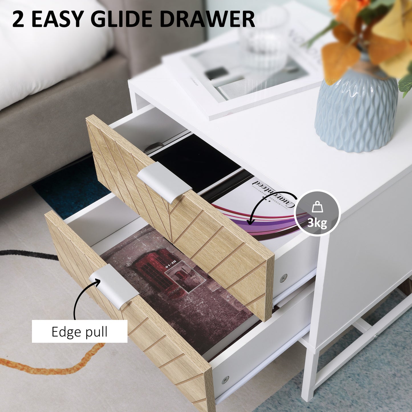 Modern Bedside Table with 2 Drawers and Steel Frame, Sofa Side Table for Bedroom Living Room, White and Oak