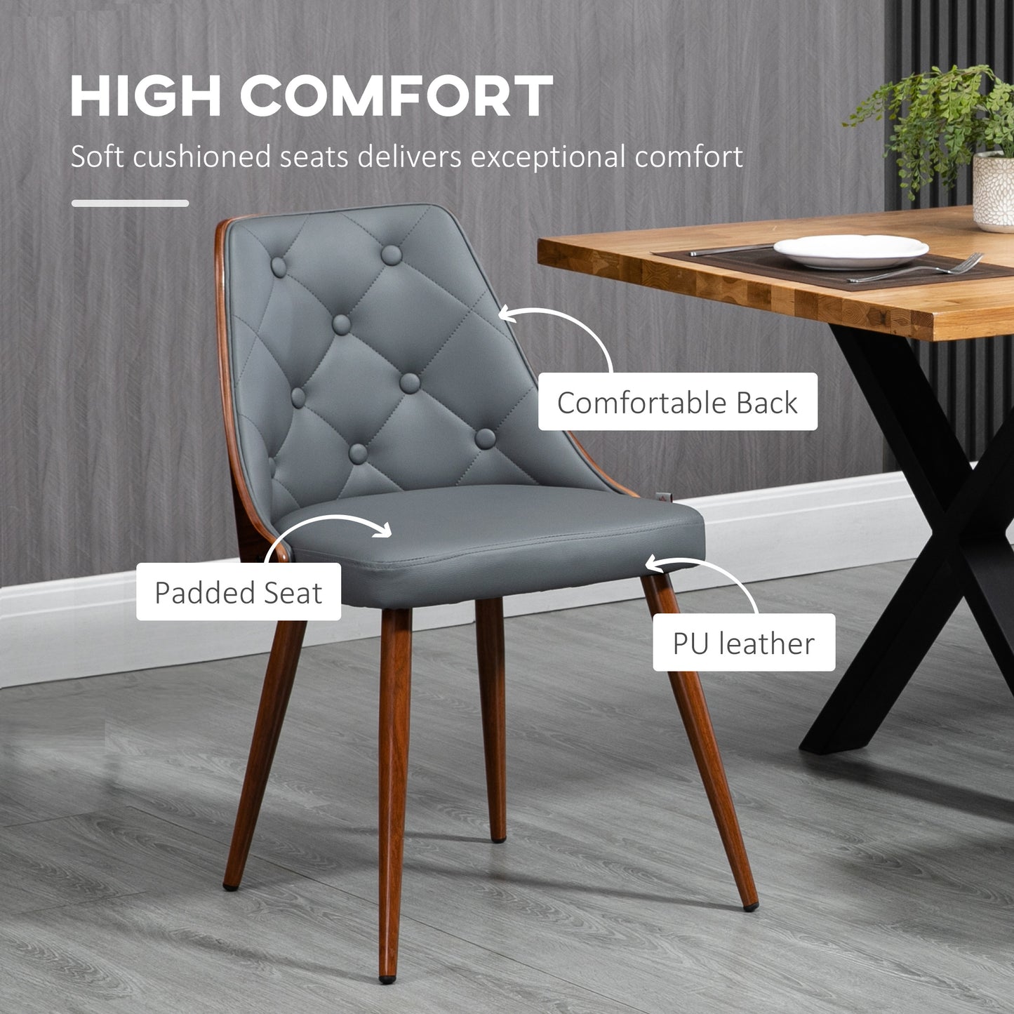 Modern Dining Chairs Set of 2, Makeup Chairs, Side Chairs with PU Leather Upholstered Seats and Steel Legs, for Living Room, Dining Room, Bedroom, Grey