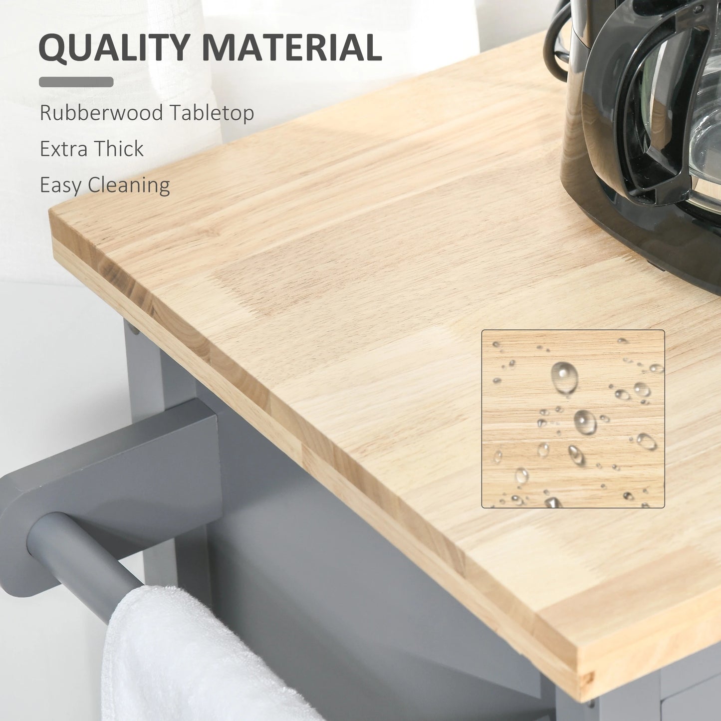 Utility Kitchen Cart Rolling Kitchen Island Storage Trolley with Rubberwood Top, 2 Drawers, Towel Rack, Grey