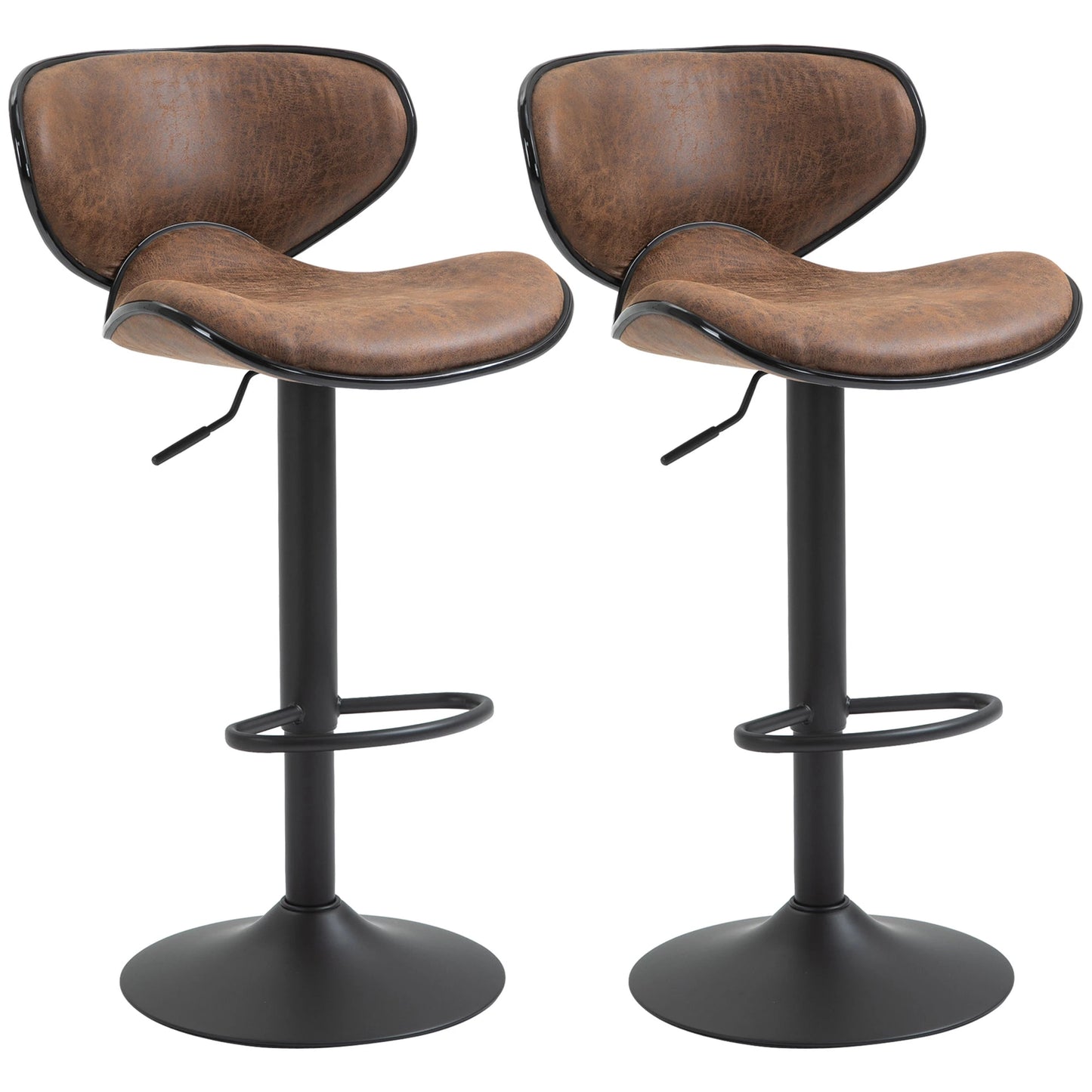 Vintage Bar Stool Set of 2 Faux Leather Adjustable Height Armless Chairs with Swivel Seat, Brown