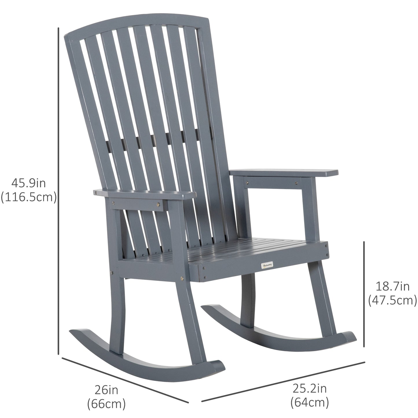 Patio Wooden Rocking Chair, Outdoor Porch Rocker Chair with High back, Smooth Armrests, for Outdoor & Indoor Use, Grey