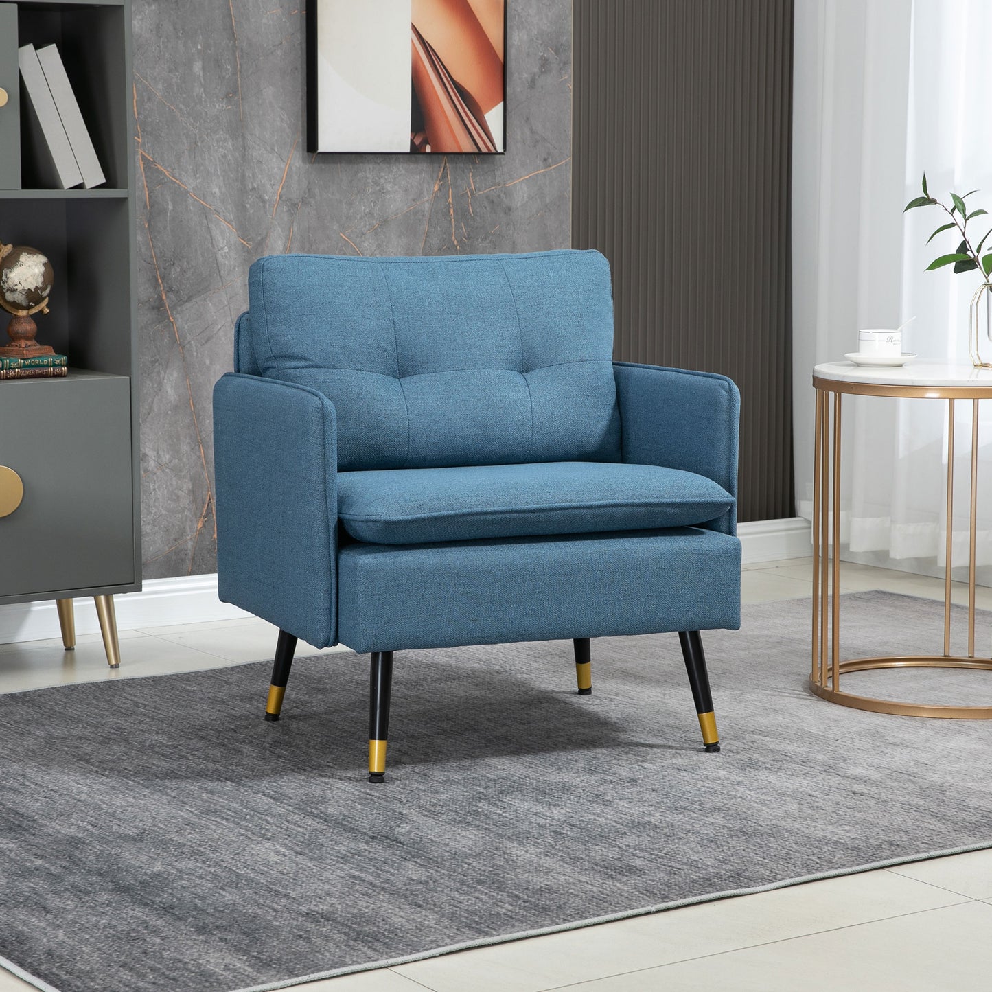 Accent Chair with Cushioned Seat and Back, Upholstered Fabric Armchair for Bedroom, Button Tufted Living Room Chair with Arms and Steel Legs, Blue