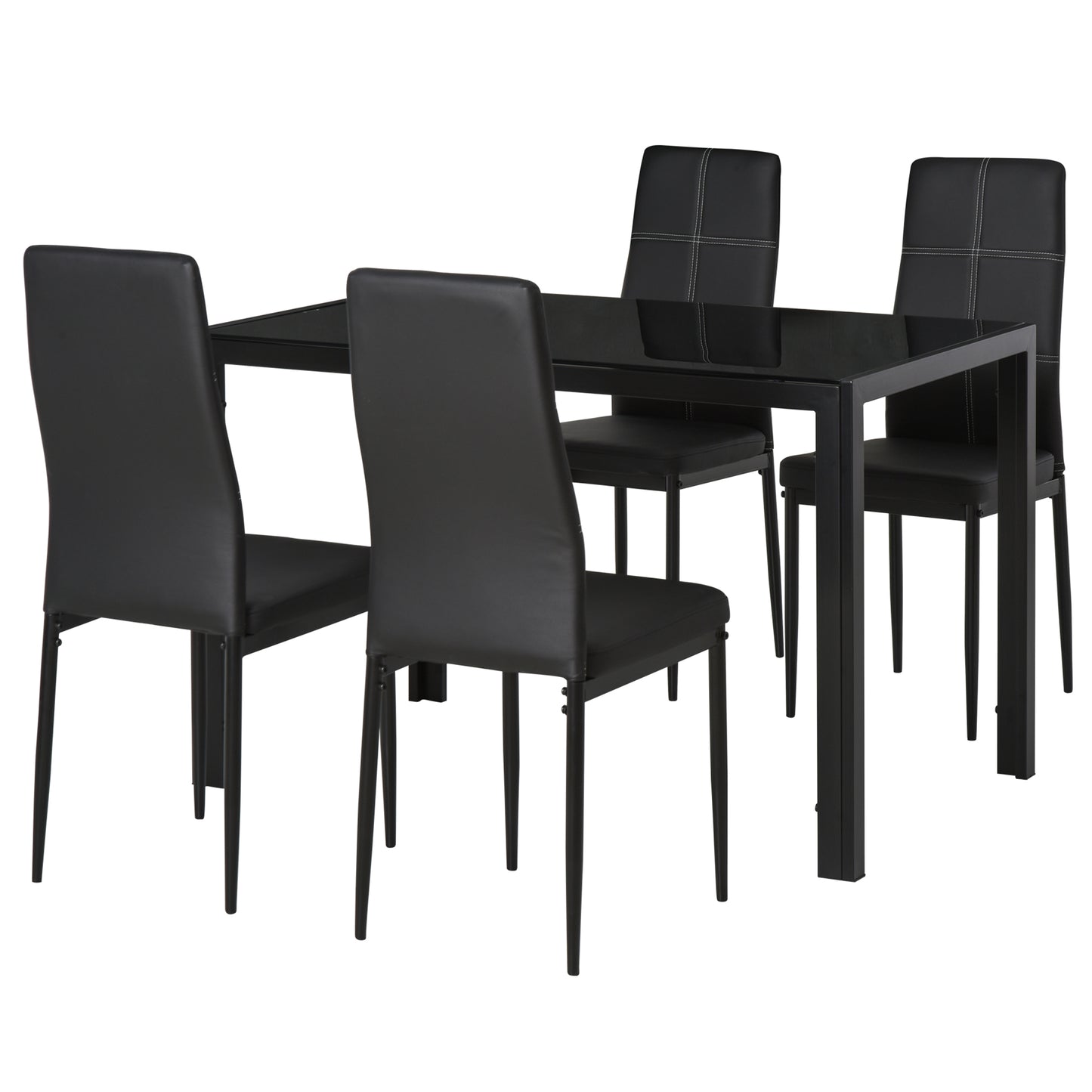 Dining Table Set for 4, 5-Piece Rectangular Glass Kitchen Table with Chairs with Metal Frame and Faux Leather Upholstery, for Diniing Room, Living Room, Black