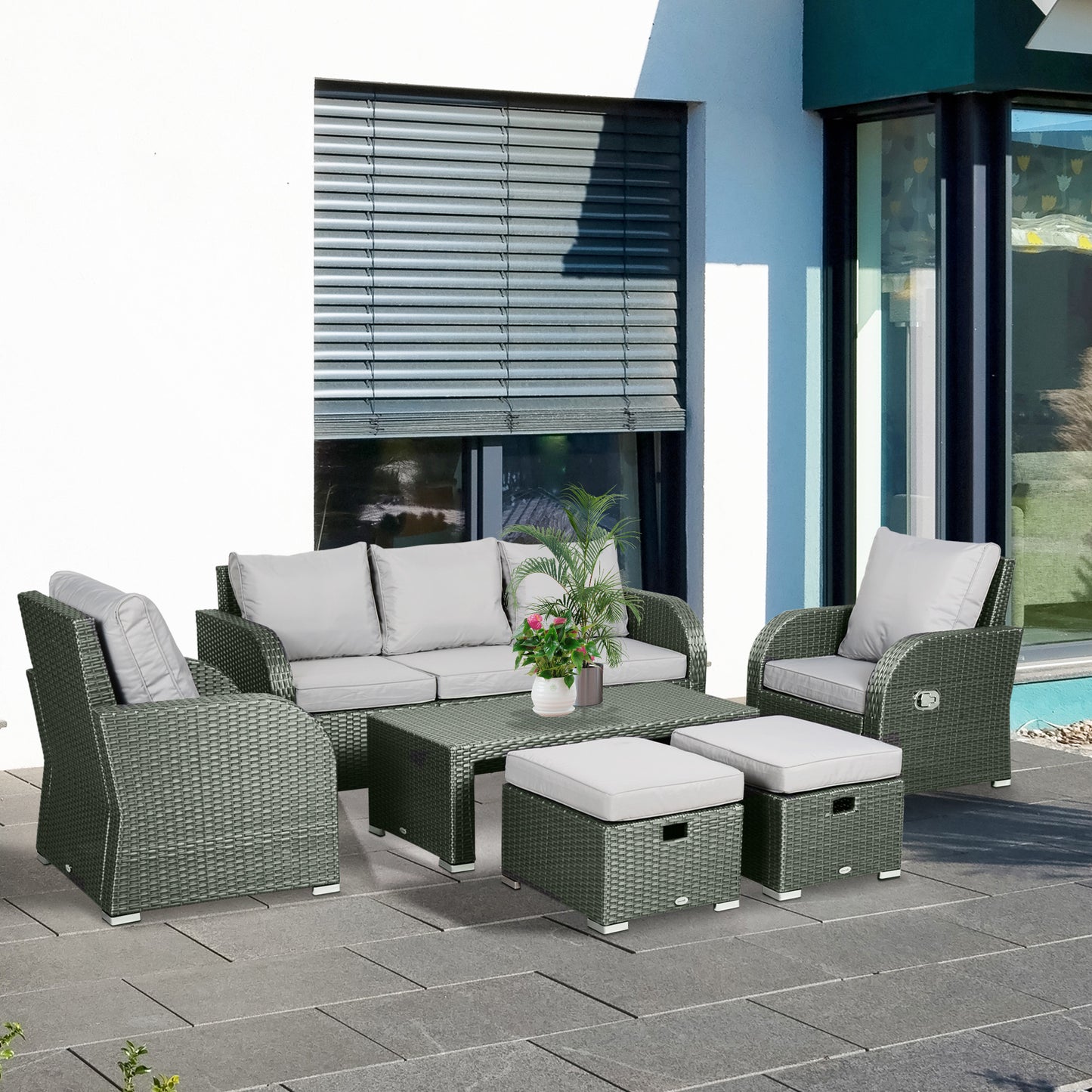 Outsunny 6 Pieces Patio Furniture Set, Outdoor rattan Sectional Furniture with recliner, for Lawn Garden Backyard