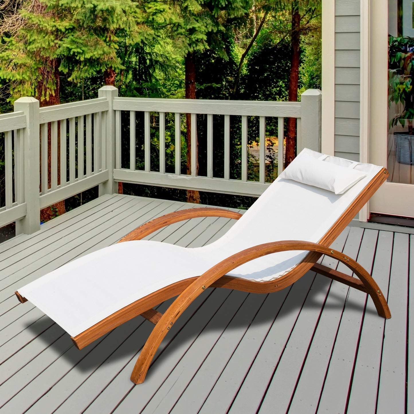 Outsunny Outdoor Wood Sling Chaise Lounge Reclining Garden Mesh Lounger Patio Chair with Headrest Cream