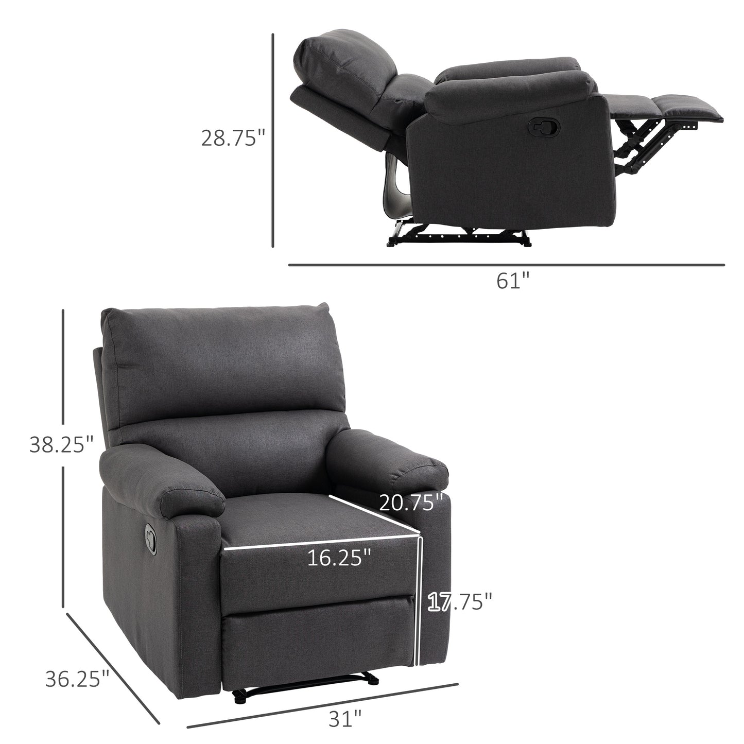 Recliner Sofa Manual Reclining Chair with Footrest Padded Seat for Living Room, Bedroom, Study, Dark Grey