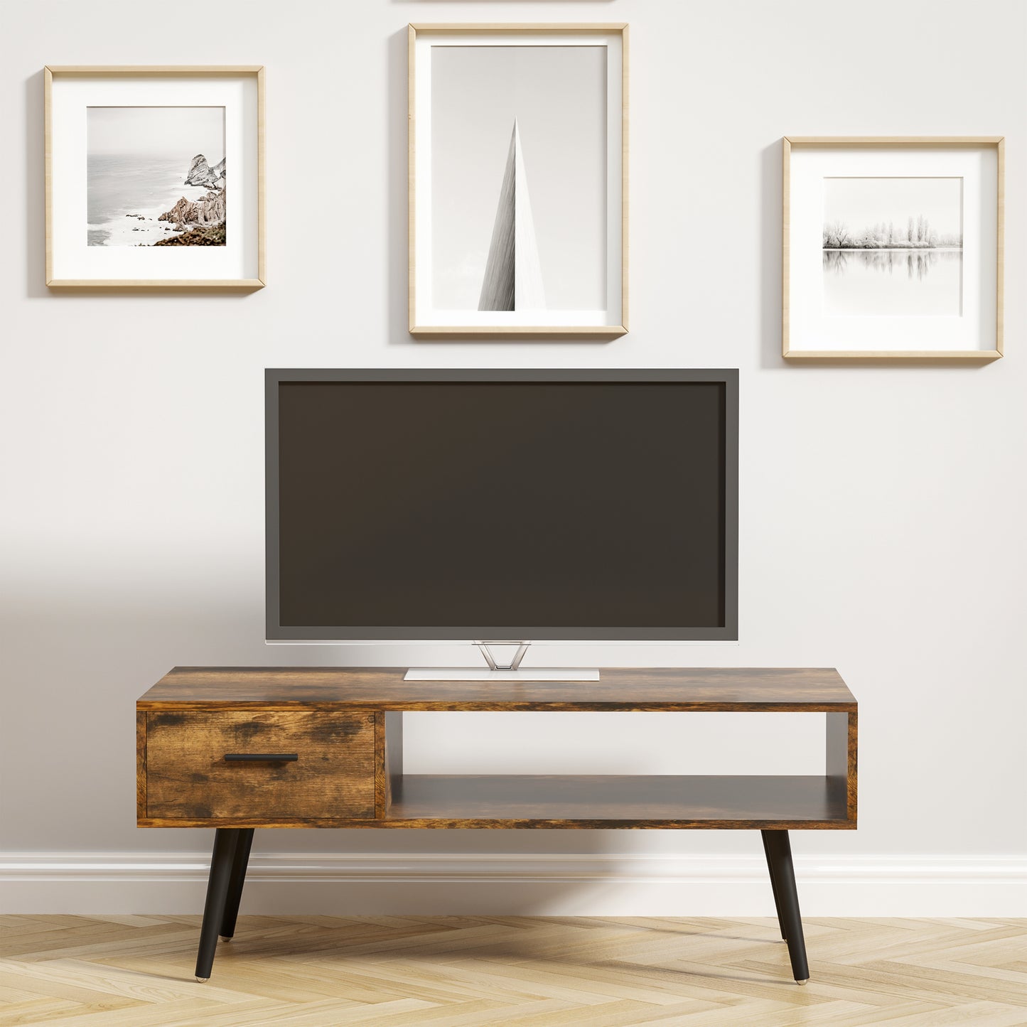 Retro Coffee Table with Storage Shelf and Drawer for Living Room, Vintage Wooden Sofa Side Table, Rustic Brown