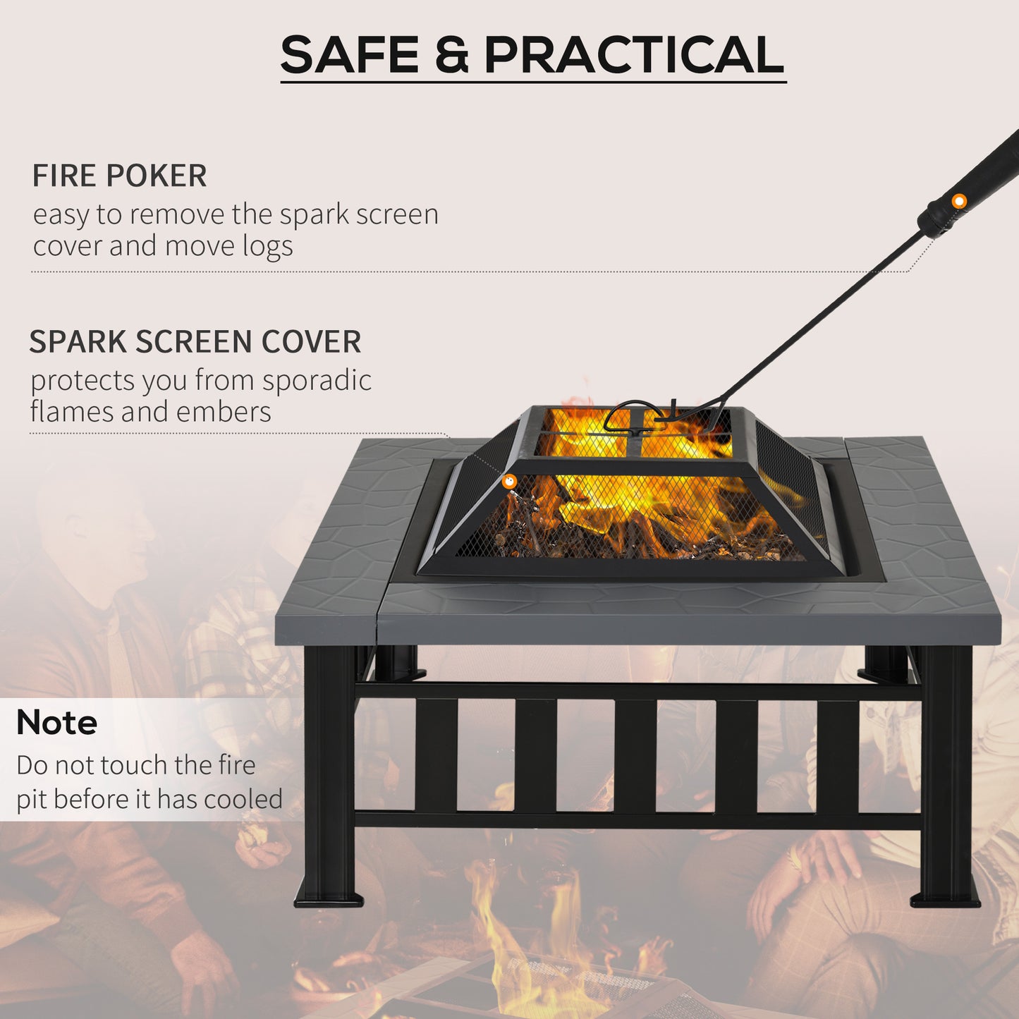 Outsunny 33" Outdoor Square Firepit Steel Stove Portable with Spark Screen Cover Log Grate Poker and Rain Cover for Outside Wood Burning and Camping Black