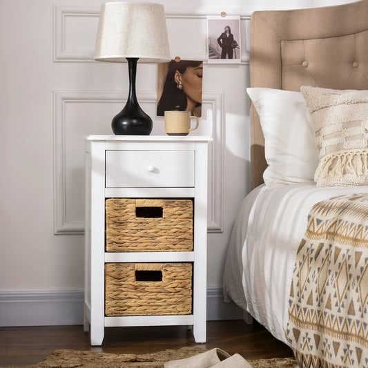 End Side Table with Removable Woven Baskets and Drawer for Living Room, Bedroom, 15.6"x11.8"x26.2", White