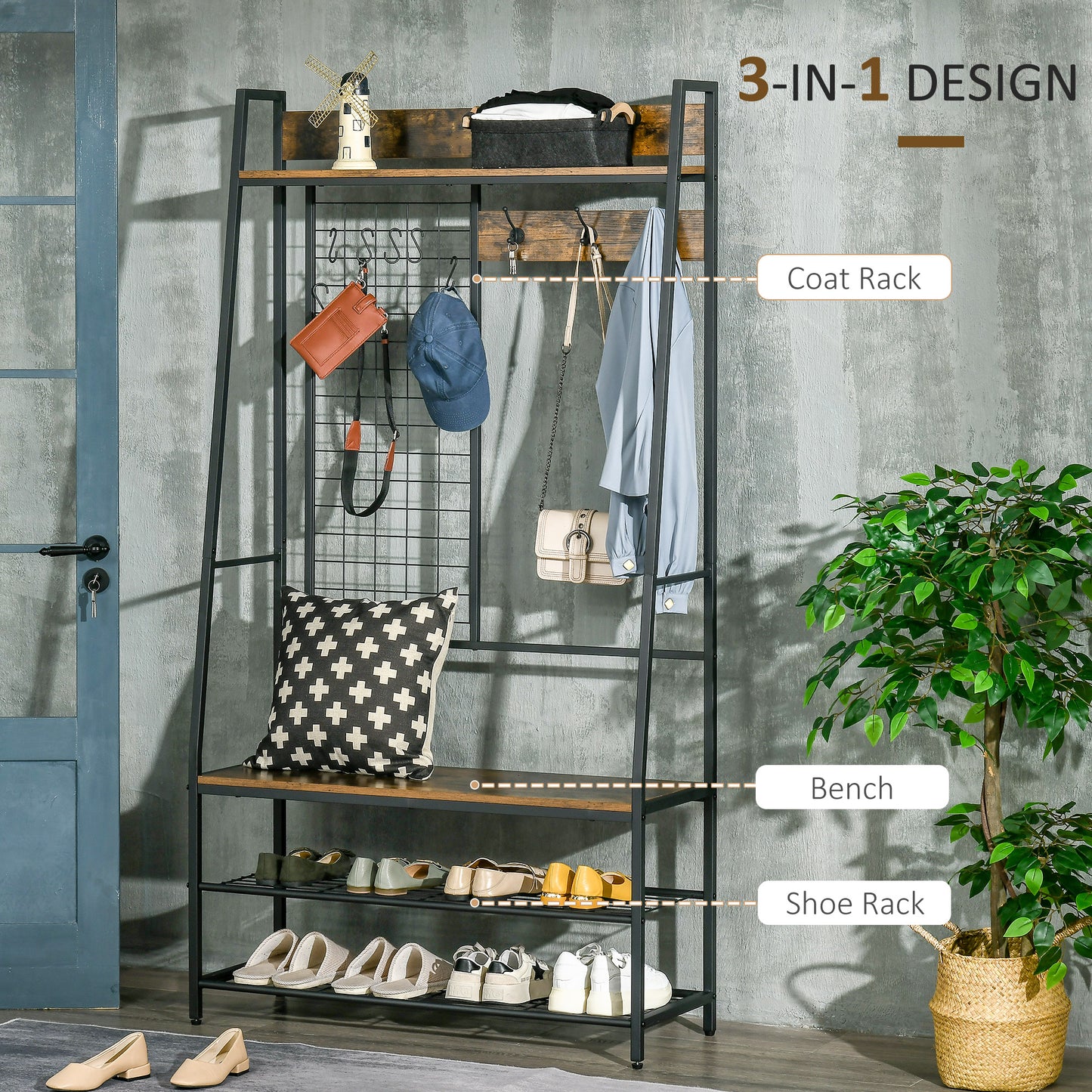 Industrial Hall Tree, Coat Rack Standing, Coat Hanger with Wire Grid, Hanging Hooks, Mesh Shoe Storage Shelves for Hallway, Entryway, Rustic Brown