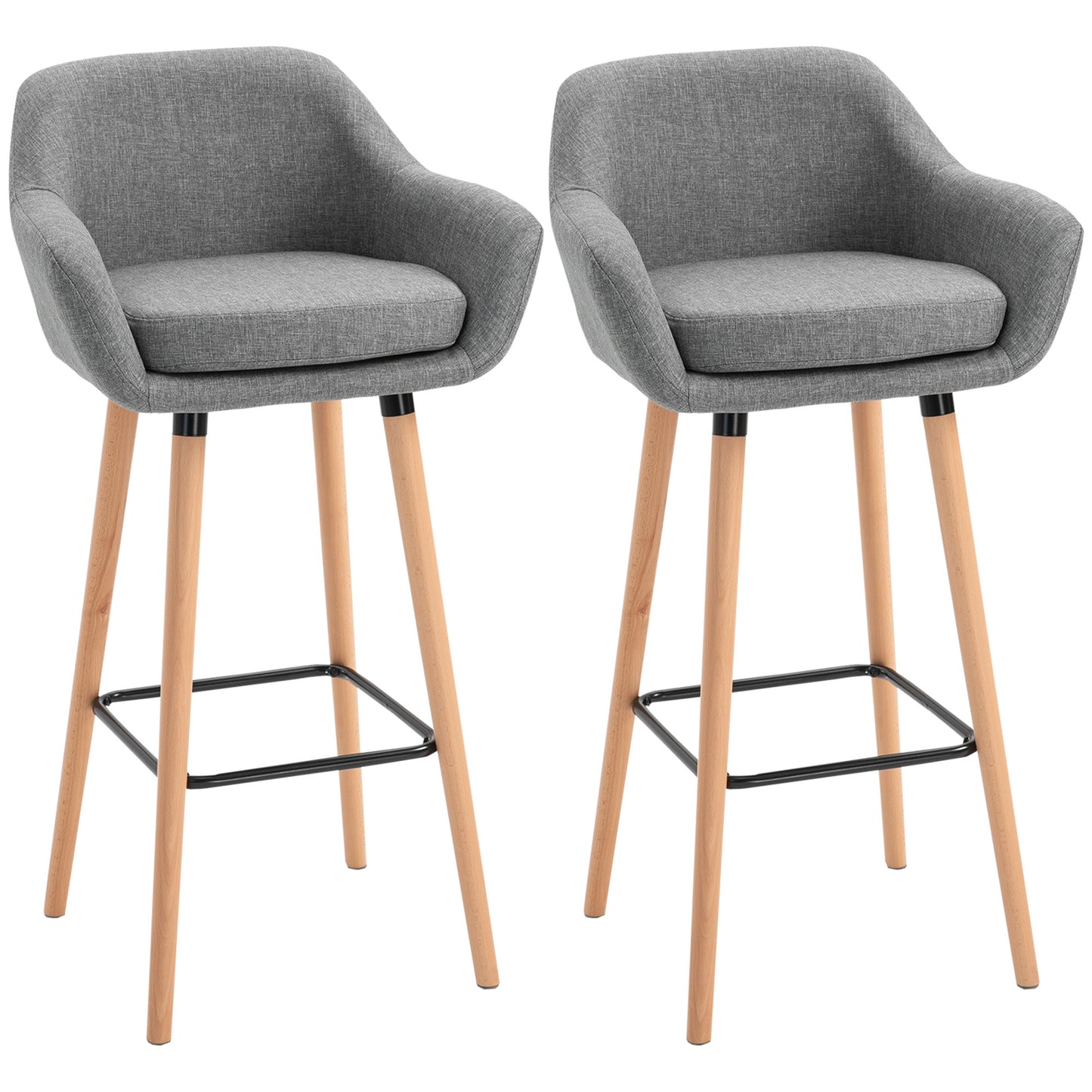 Modern Upholstered Fabric Seat Bar Stools Chairs Set of 2 with Metal Frame, Solid Wood Legs Living Room Dining Room Furniture Grey