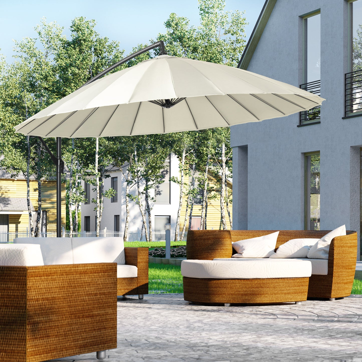 Outsunny 10FT Cantilever Patio Umbrella, Offset Patio Umbrella with Crank and Cross Base for Deck, Backyard, Pool and Garden, Hanging Umbrellas, Cream White