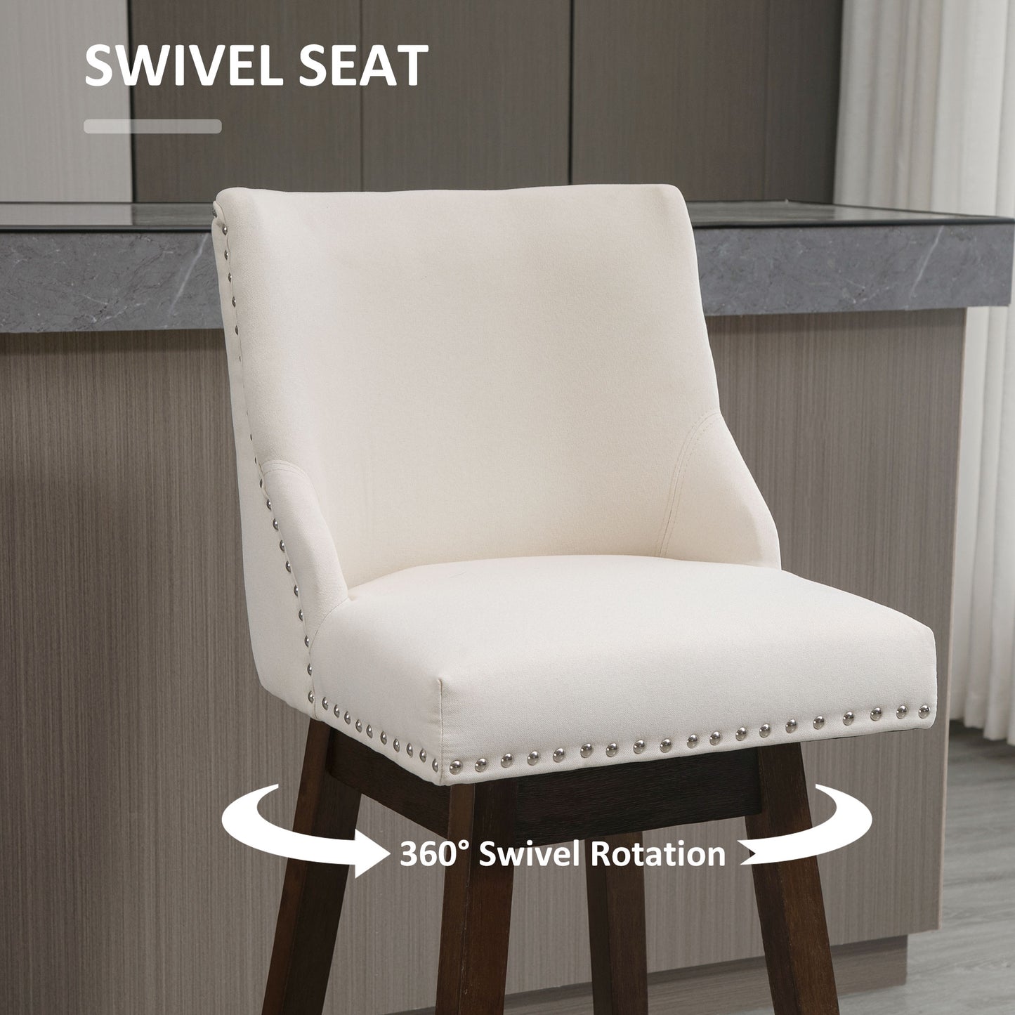 Swivel Bar stool Set of 2 Armless Upholstered Bar Chairs with Nailhead-Trim, Wood Legs, Cream White