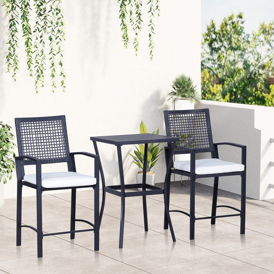 Outsunny 3 Pieces Outdoor Classic Wicker Bistro Bar Set Garden Rattan Style Patio Bar Table & High Chairs with Cushions Home Bar Furniture, Cream White