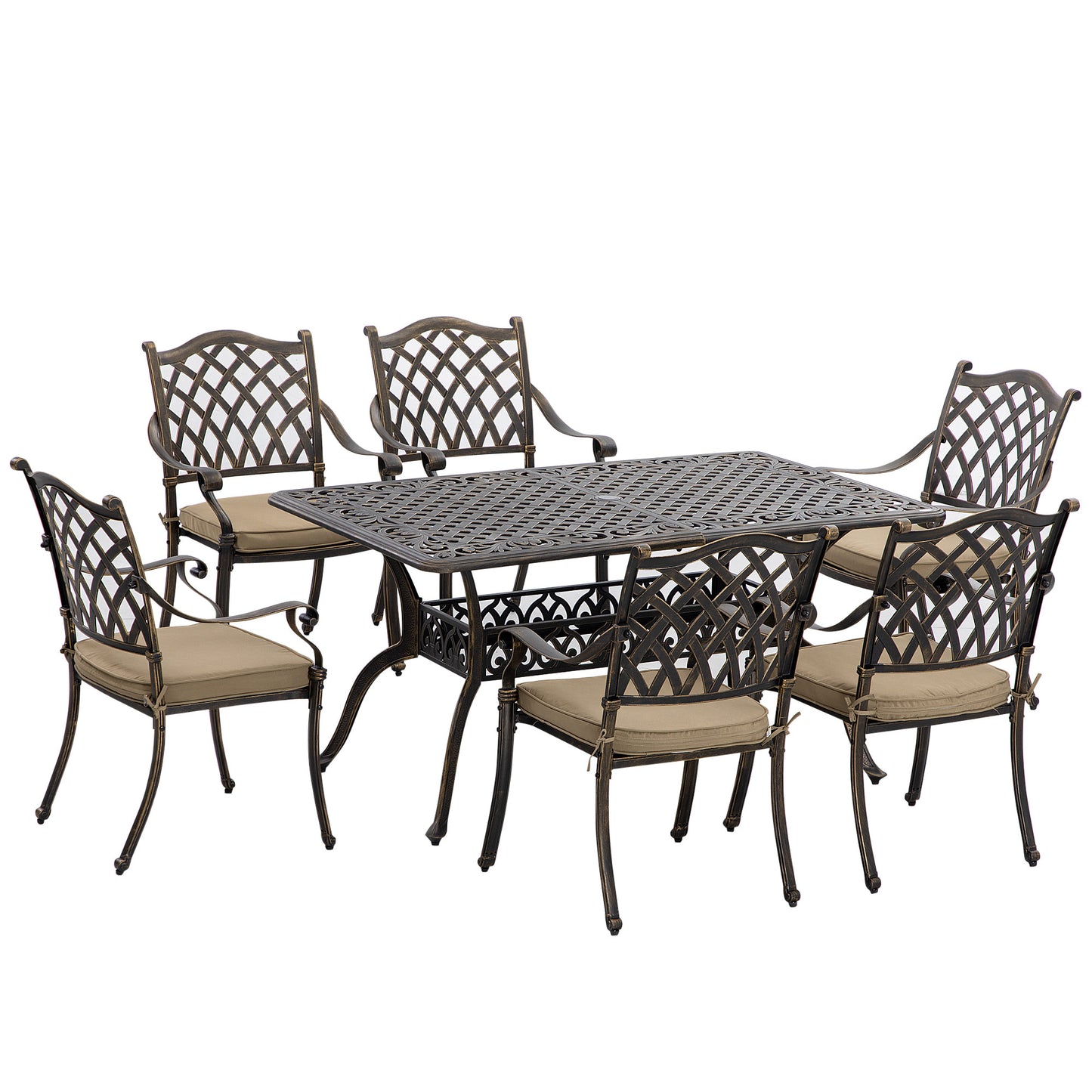 Outsunny 7 Pieces Patio Dining Set with Umbrella Hole, Cast Aluminum Outdoor Patio Furniture Set with 6 Cushioned Chairs and Rectangle Dining Table, for Garden, Lawn, Deck, Khaki