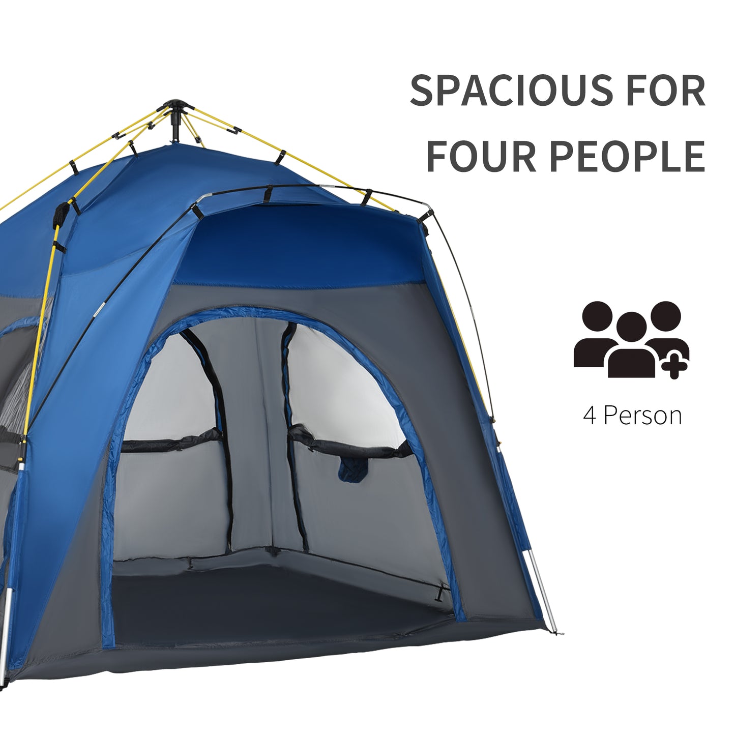 Outsunny Instant Automatic Camping Tent w/ 4 Doors and 4 Windows, Outdoor Easy Pop Up Tent, Portable Backpacking Dome Shelter, 4 Person, Grey