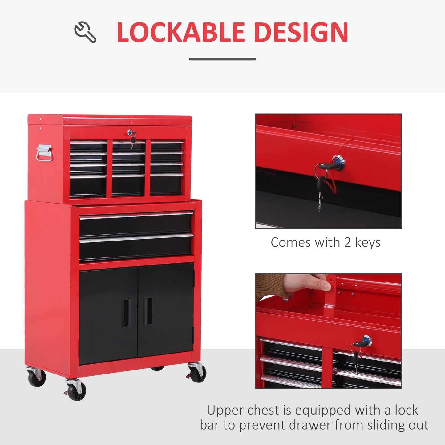 Rolling Tool Chest with Wheels and Drawers, 6-Drawer Tool Storage Cabinet, Detachable Organizer Tool Box Combo, Mobile Lockable Toolbox for Workshop Mechanics Garage