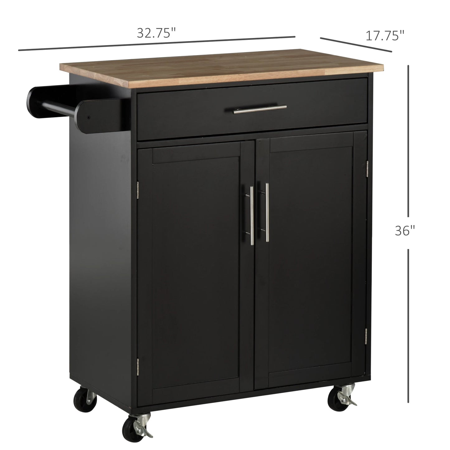 Rolling Kitchen Island Cart with Wood Top, Enough Storage Drawer Space with Towel Bar Rack Shelves, Portable Kitchen Utility Serving Cart Trolley on Wheels, Black