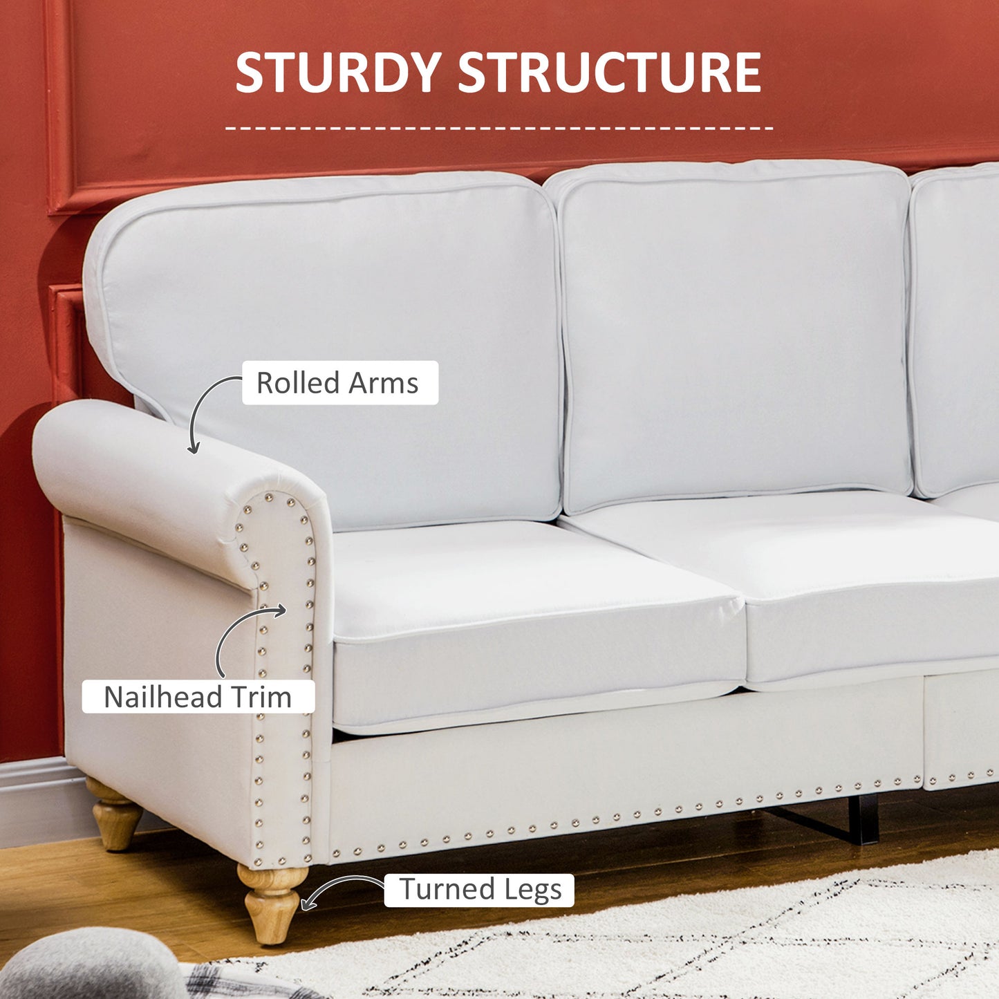 3-Seater Sofa Couch, 81" Modern Linen Fabric Sofa with Rubberwood Legs, Studded Trim and Rolled Arms for Living Room, Bedroom and Apartment, White