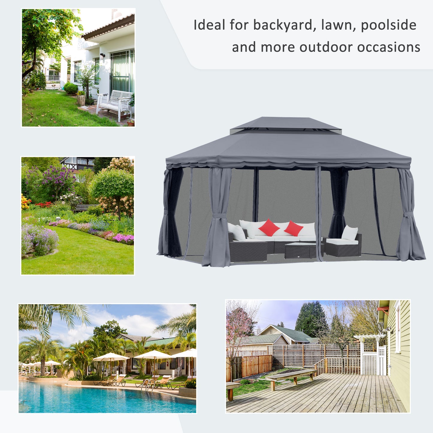 Outsunny 13' x 10' Patio Gazebo, Double Roof Outdoor Gazebo Canopy Shelter with Netting & Curtains, Strong Aluminum Frame, Dark Grey