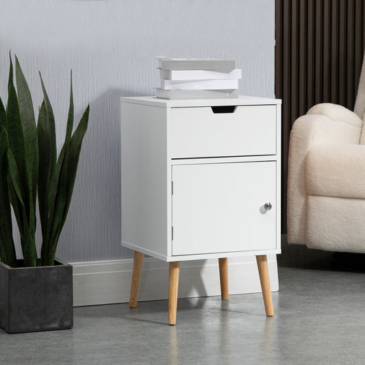Modern Nightstand Bedside Table, Living Room End Table, Side Table with Drawer and Cupboard with Door, White