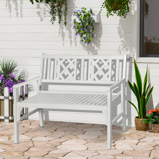 Outsunny Foldable Garden Bench, 2-Seater Patio Wooden Bench, Loveseat Chair with Backrest and Armrest for Patio, Porch or Balcony, White