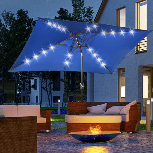 Outsunny 6.5x10ft Patio Umbrella Rectangle Solar Powered Tilt Aluminum Outdoor Market Parasol with LEDs Crank (Dark Blue)