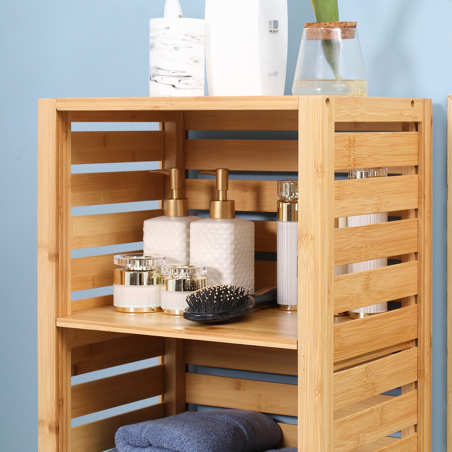 Tall Bathroom Cabinet with 3 Open Shelves, Slim Bamboo Linen Tower Freestanding Linen Towel with Slatted Door, Natural