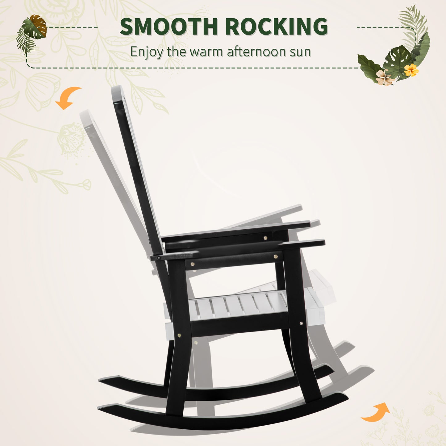 Wooden Rocking Chair, Traditional Porch Rocker, Fade-Resistant Patio Rocker Chair for Outdoor Indoor Use, White and Black