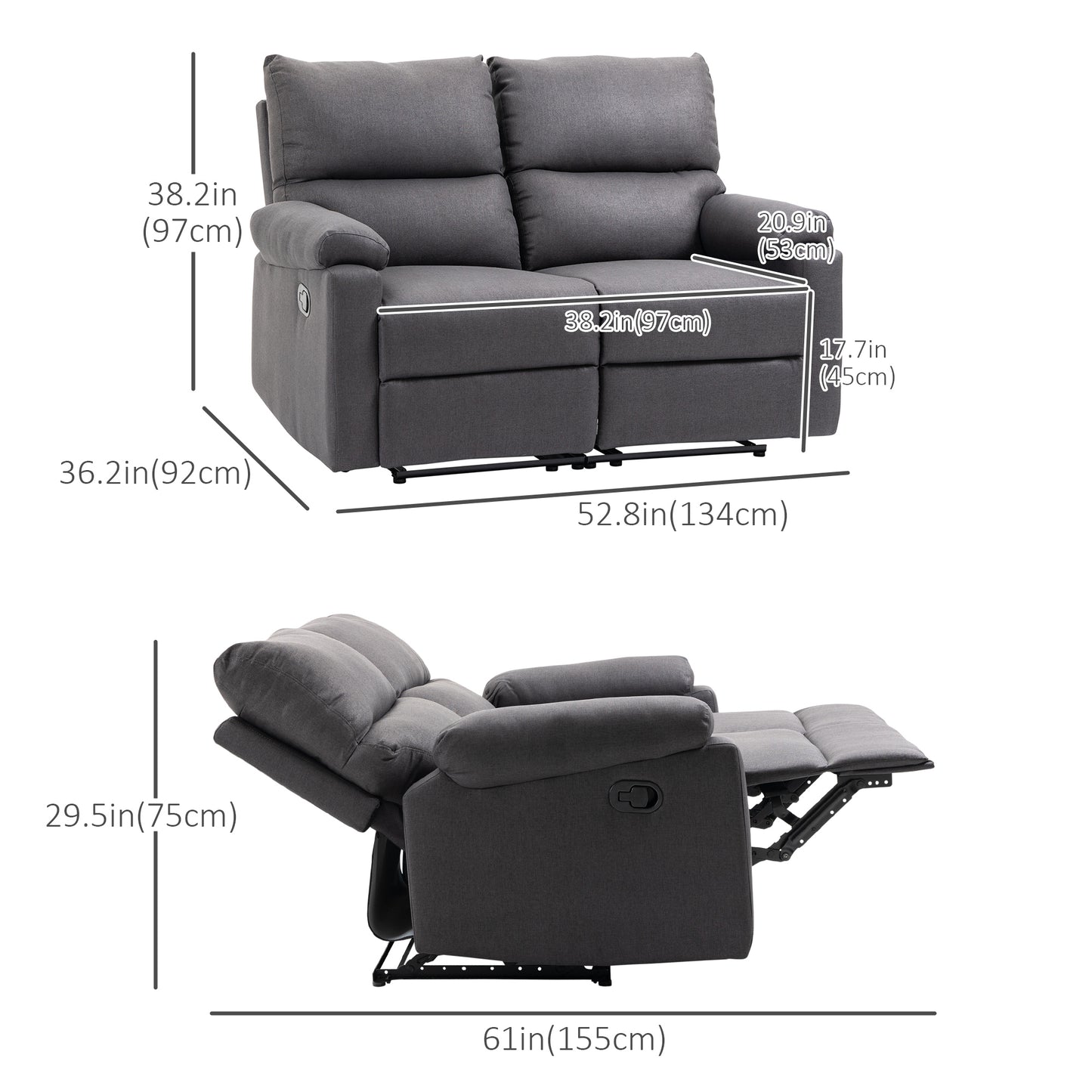 Loveseat Recliner Sofa, 2 Seater Reclining Chair with Footrest and Split Backrest, Grey