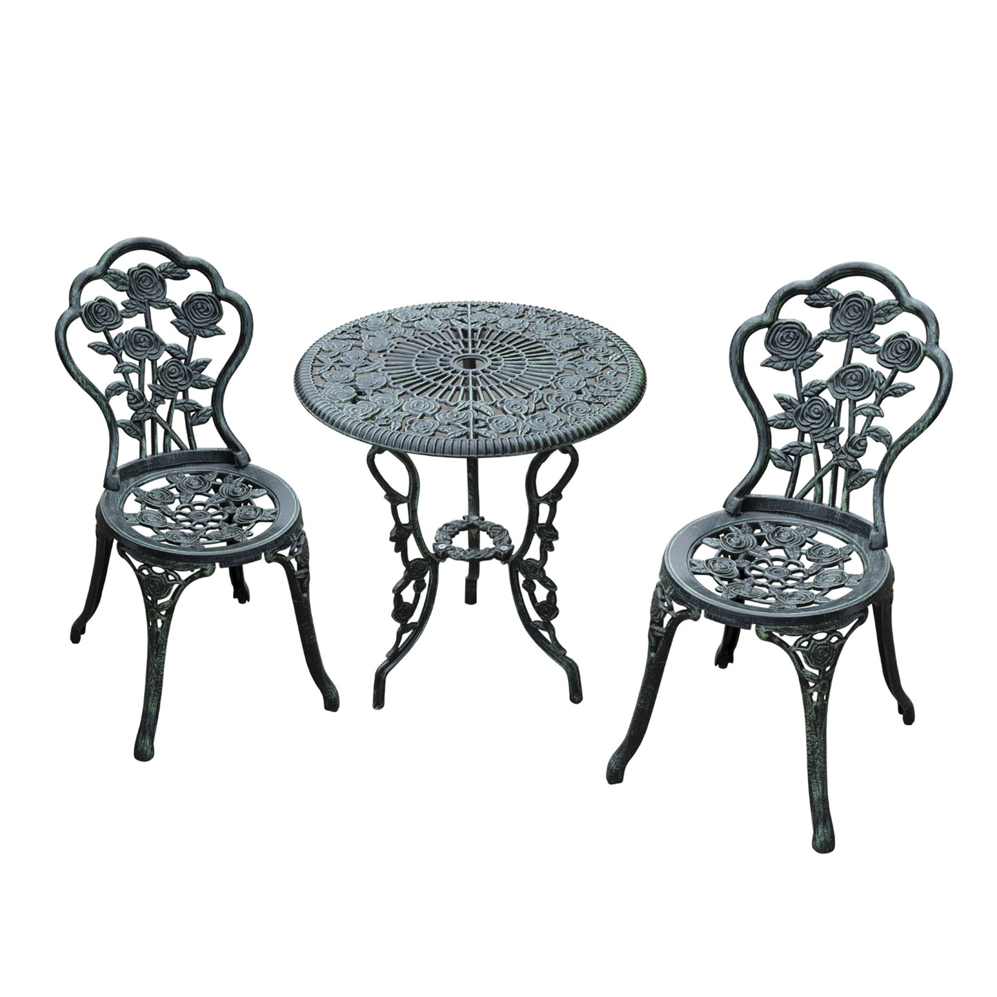 Outsunny 3 Pieces Antique Style Patio Bistro Table Chair Set Outdoor Garden Furniture Indoor Tea Table w/ Umbrella Hole and Chair Set, Antique Green