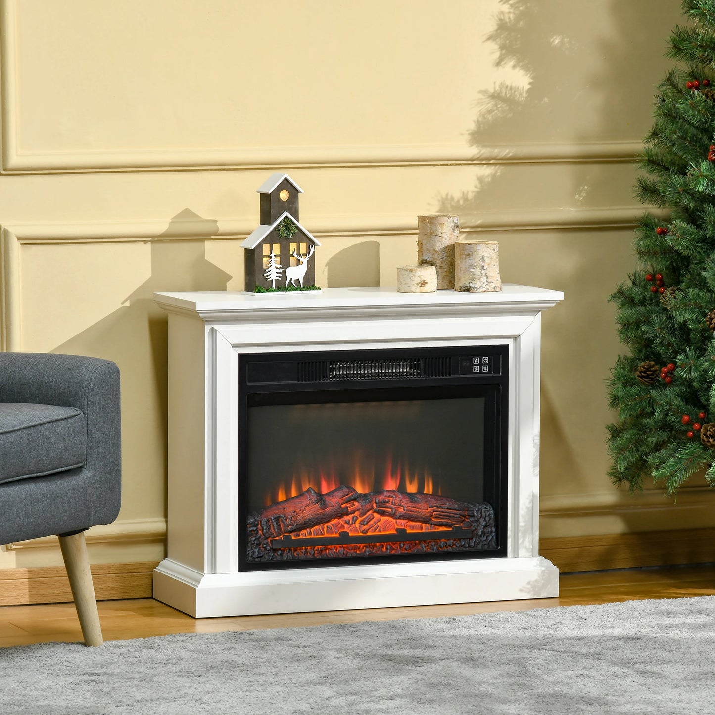 31" Electric Fireplace with Dimmable Flame Effect and Mantel, Freestanding Heater Corner Firebox with Log Hearth and Remote Control, 1400W, White