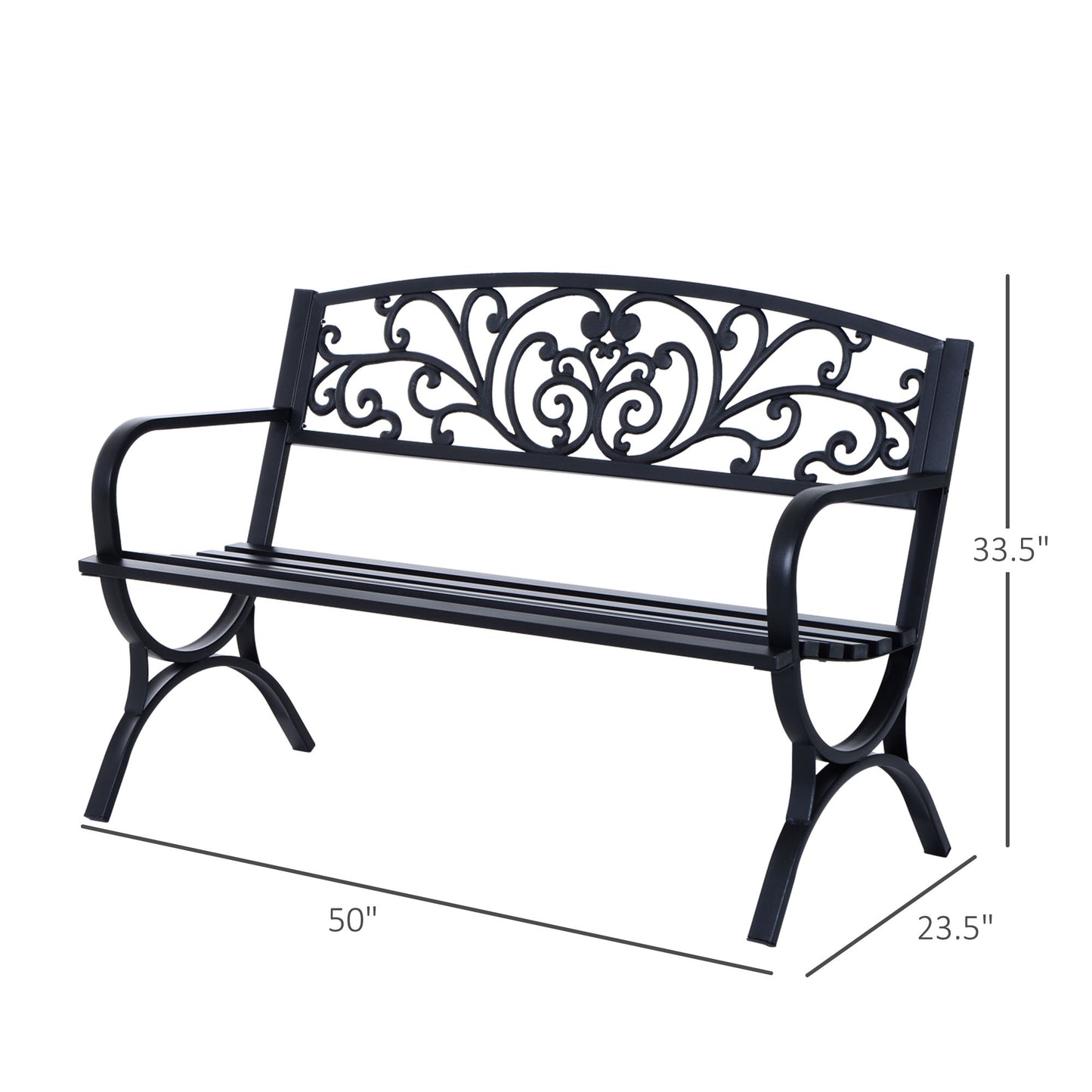 Outsunny 50" 2-Seater Garden Bench, Patio Porch Decorative Chair Cast Iron Loveseat Outdoor Furniture for Yard, Lawn, Porch, Black