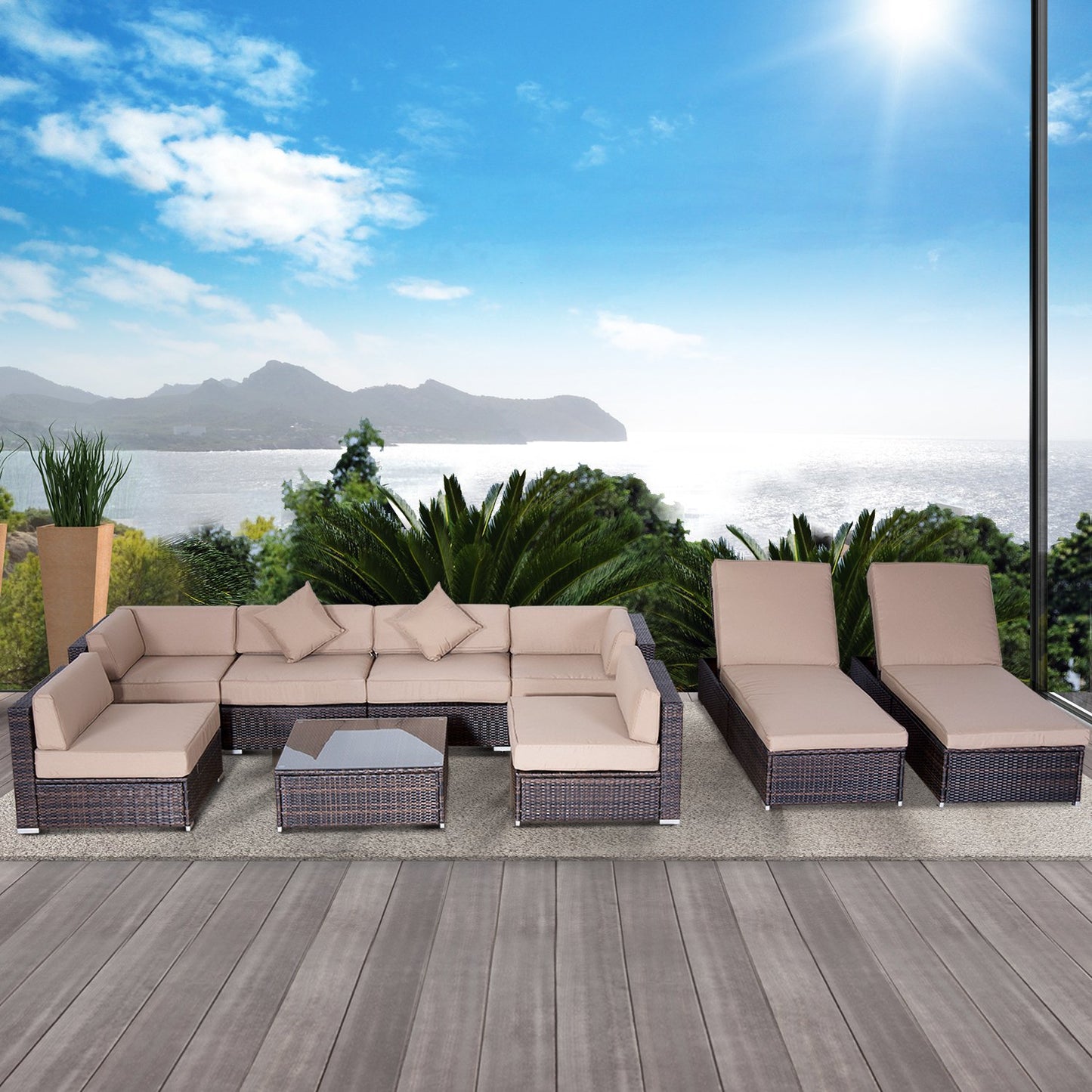 Outsunny 9 pieces Patio Furniture Set, Rattan Outdoor Conversation Set Garden Wicker Sofa Set Sectional Furniture With Aluminum Frame, Cushion and Tempered Glass Top Table, Coffee