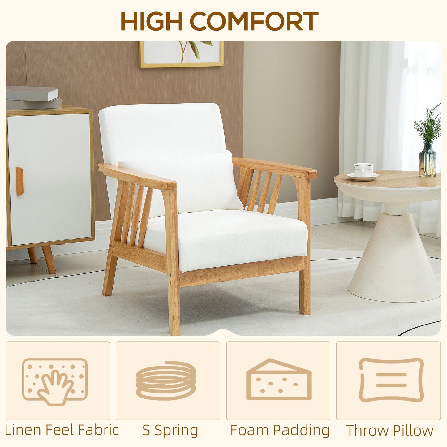 Armchair Upholstered Lounge Chair with Rubber Wood Frame Throw Pillows and Comfortable Cushion, White