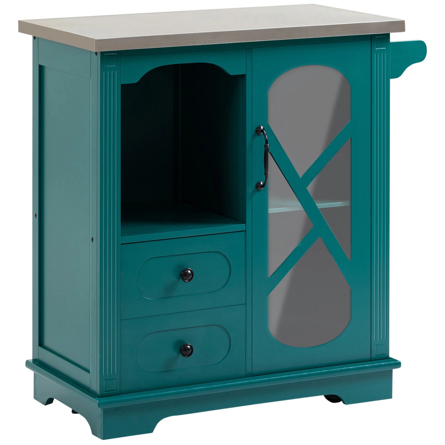 Rolling Kitchen Island Storage Cart, Kitchen Cabinet with Stainless Steel Top, Glass Door & Drawers for Kitchen, Green