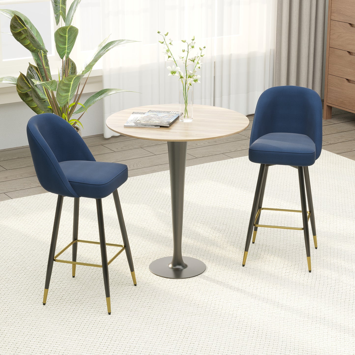 Set of 2 Mid-Back Upholstered Barstools Fabric Bar Chairs with Gold-Capped Steel Legs, Backrest and Footrest, Blue