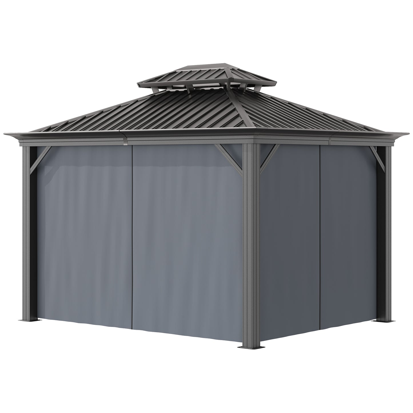 Outsunny 12' x 10' Outdoor Hardtop Gazebo with Galvanized Steel Canopy & Netting Sidewalls for Lawn, Backyard, Dark Grey