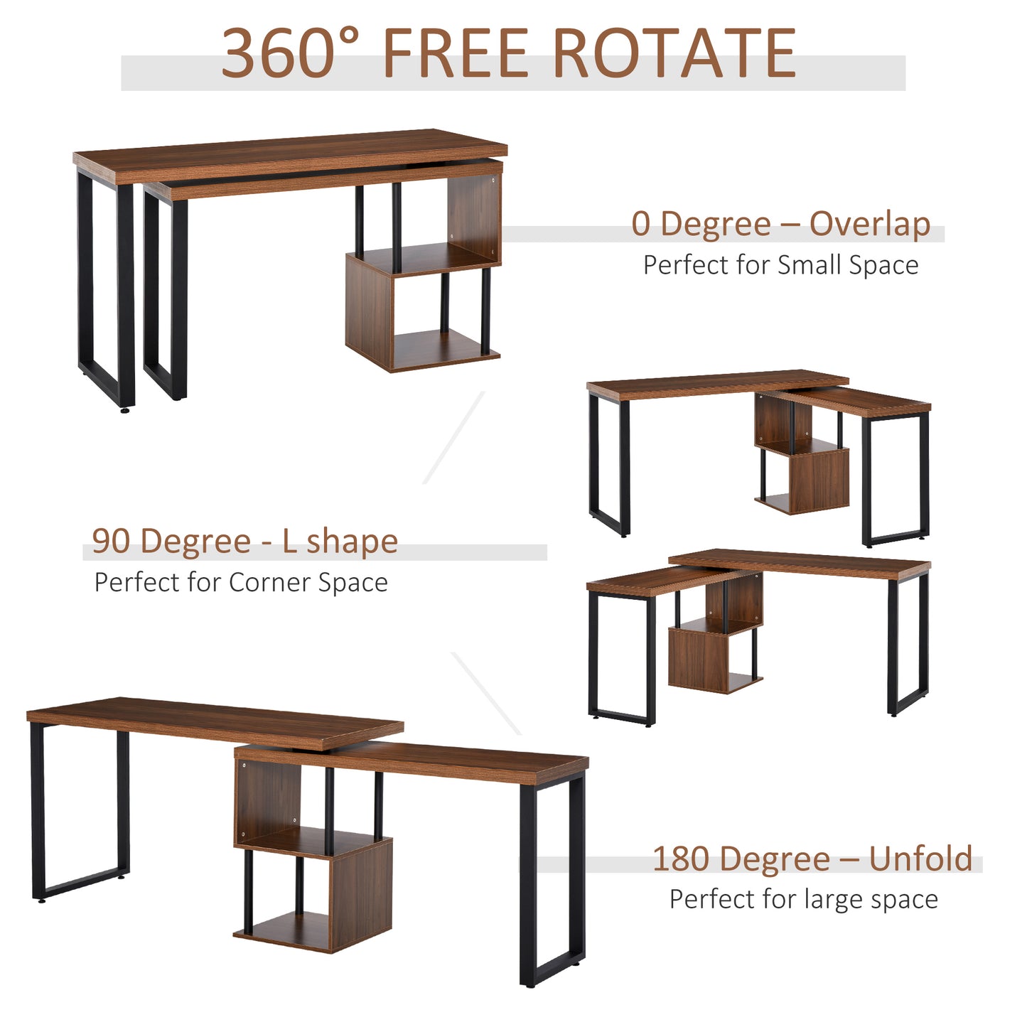 Corner Rotating L-Shaped Office Table Computer Desk with Storage Shelf Brown