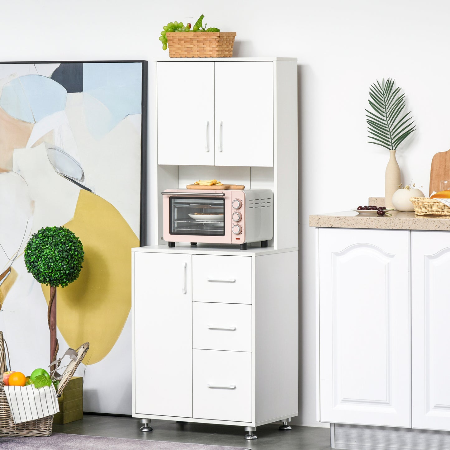 Modern Kitchen Cupboard with Storage Cabinet Hutch, 2 Cabinets, 3 Drawers and Open Countertop, White