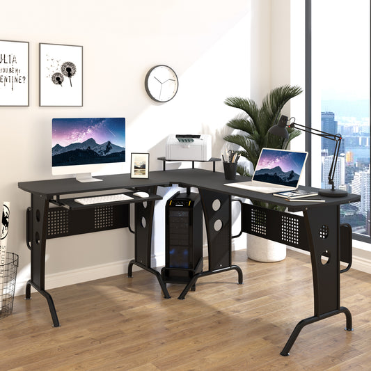 L-Shaped Computer Desk for PC, Corner Table for Small Spaces with Elevated Shelf, Keyboard Tray, CPU Stand, Home Office