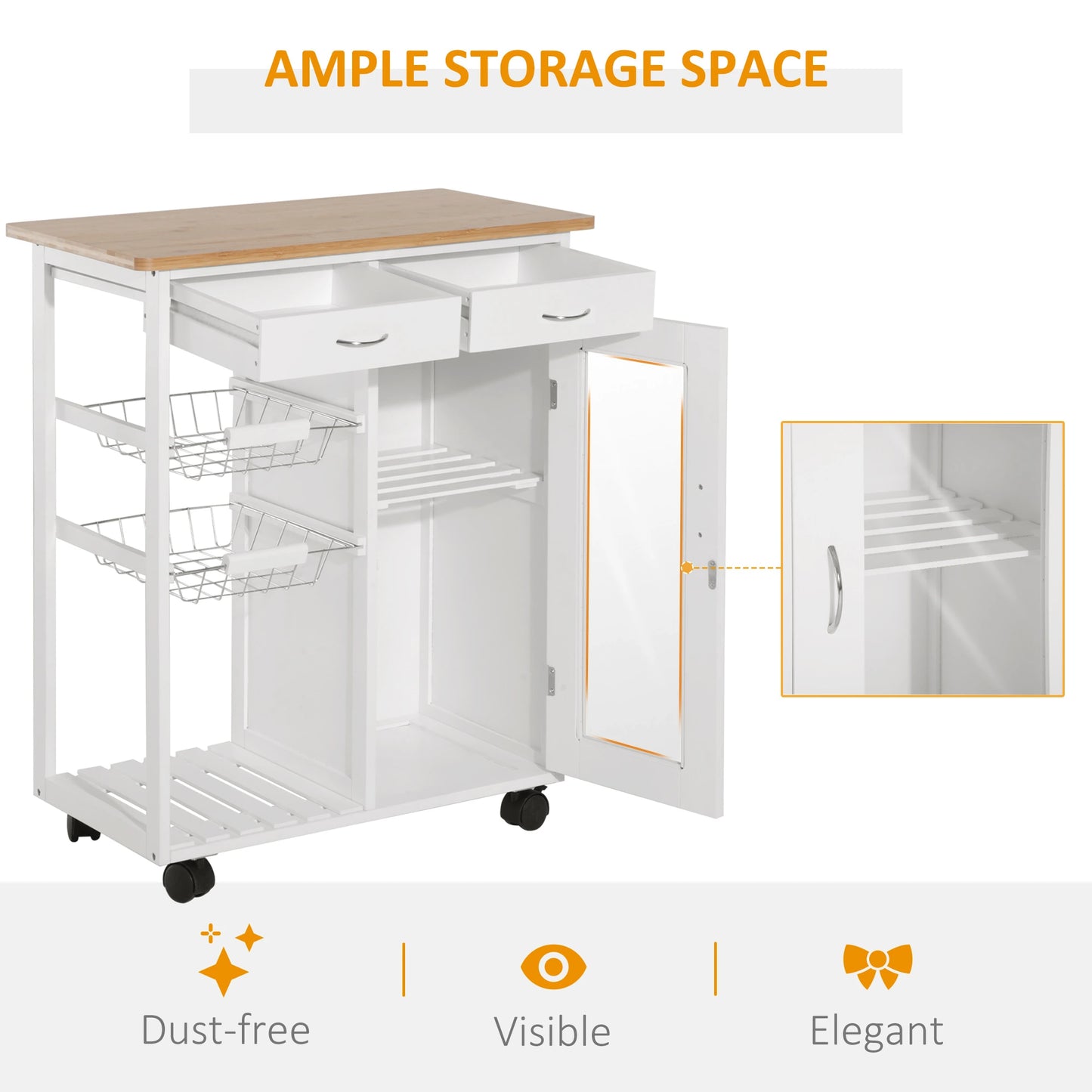 34" Rolling Wood Kitchen Trolley Serving Cart with Drawer and Cabinet Wheeled Kitchen Storage Island White with Bamboo Top