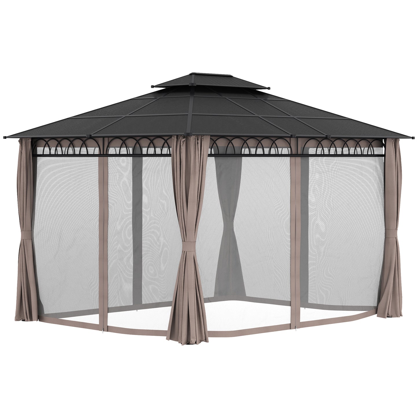 12' x 10' Outdoor Gazebo Canopy, Double Roof Hardtop Gazebo with Polycarbonate Roof, Galvanized Steel Frame, Nettings & Curtains, for Garden, Lawn, Backyard and Deck