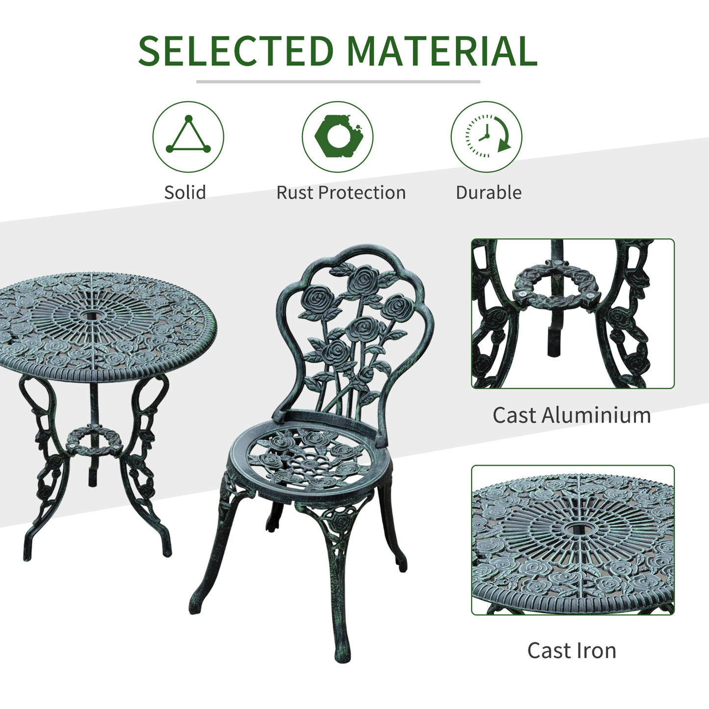 Outsunny 3 Pieces Antique Style Patio Bistro Table Chair Set Outdoor Garden Furniture Indoor Tea Table w/ Umbrella Hole and Chair Set, Antique Green