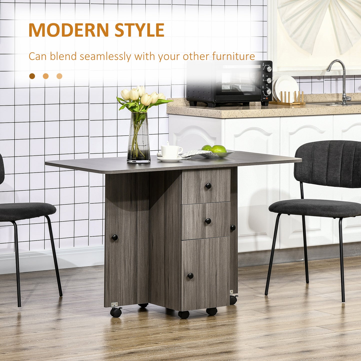 Foldable Dining Table, Rolling Kitchen Table With Storage Drawers and Cabinet, Drop Leaf Table on Wheels, Grey