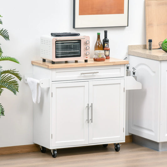 Kitchen Island with Storage, Rolling Cart Trolley with Rubberwood Top, Drawer, Spice Rack, Towel Rack, White