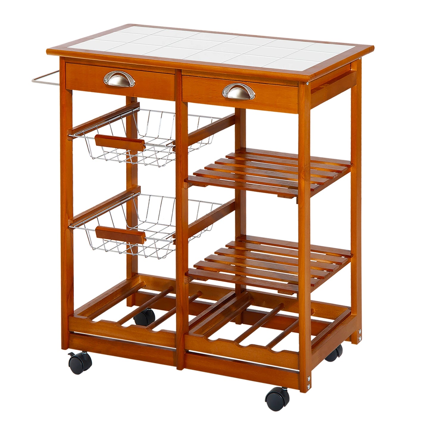 Rolling Kitchen Trolley Cart 4 Tier Storage Wooden Table Rack 2 Drawers Baskets Countertop